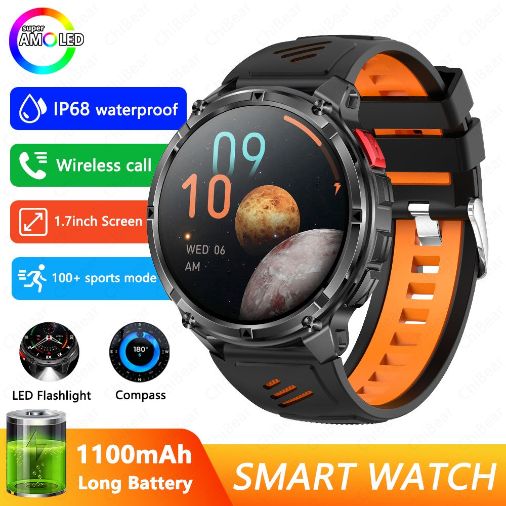 Relógio Inteligente Militar para Homens, Bateria de 1100mAh, Bússola, Monitor de Fitness, Tela AMOLED HD, Chamada BT, Smartwatch para Android IOS