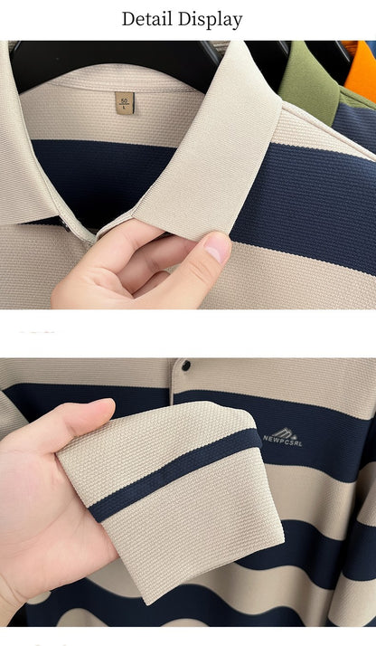 Unique stripe color blocked long sleeve polo shirt men high-end trend brand letters embossed spring autumn new comfort T-shirt