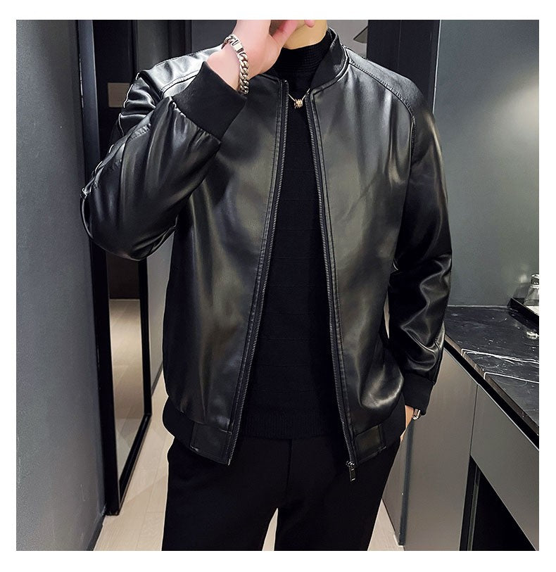 Men SprAutumn Thin Style Motorcycle Leather Jacket Fashionable Motorcycle Leather Jacket Fabric Soft Version Slim Simple Coat