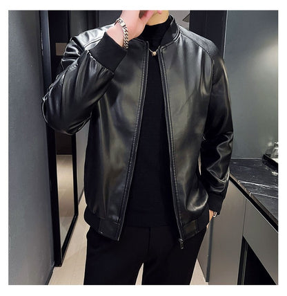 Men SprAutumn Thin Style Motorcycle Leather Jacket Fashionable Motorcycle Leather Jacket Fabric Soft Version Slim Simple Coat