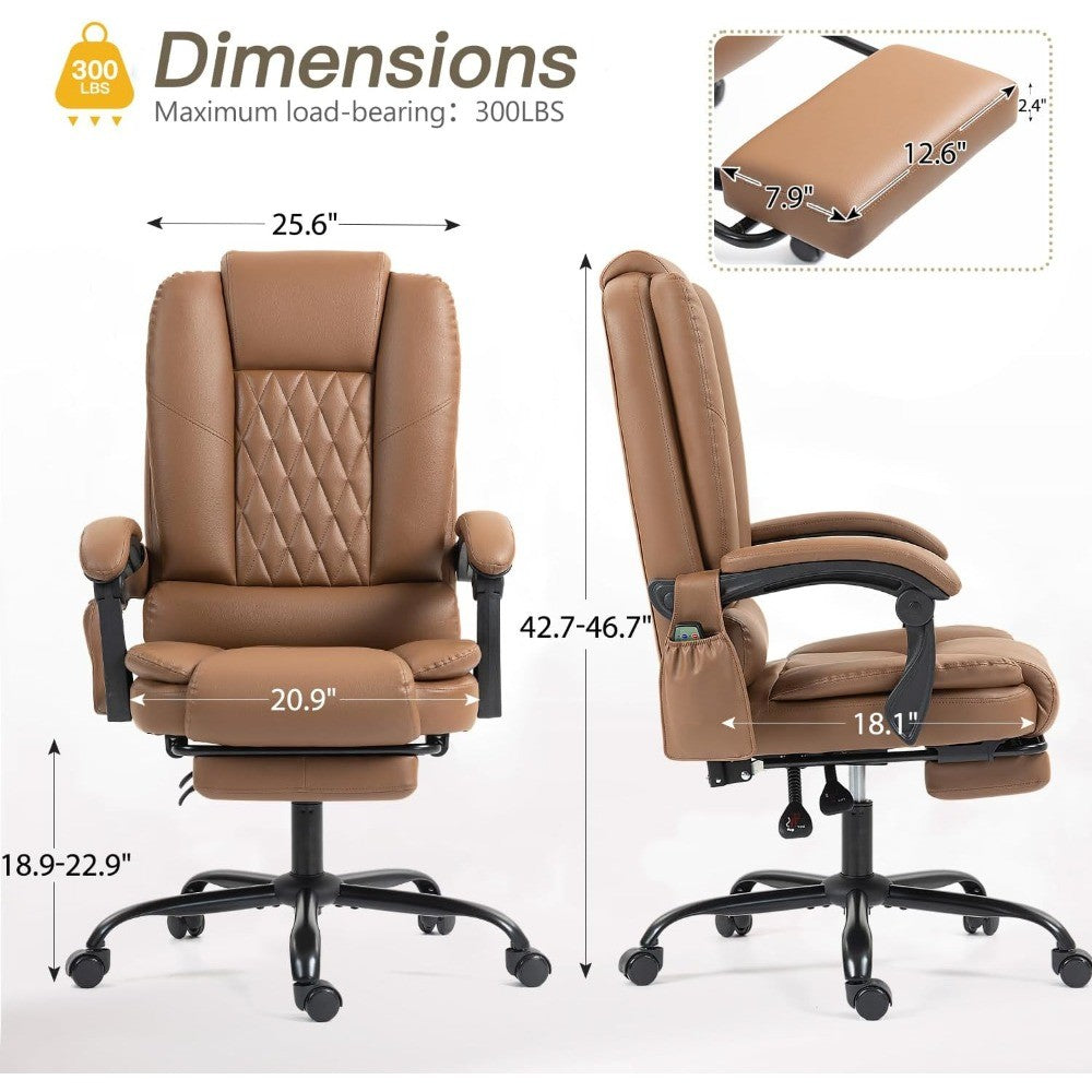 6-Point Heated Massage Office Chair with Footrest, Ergonomic Home Desk Chair with Lumbar Support, Executive High Back PU Leather