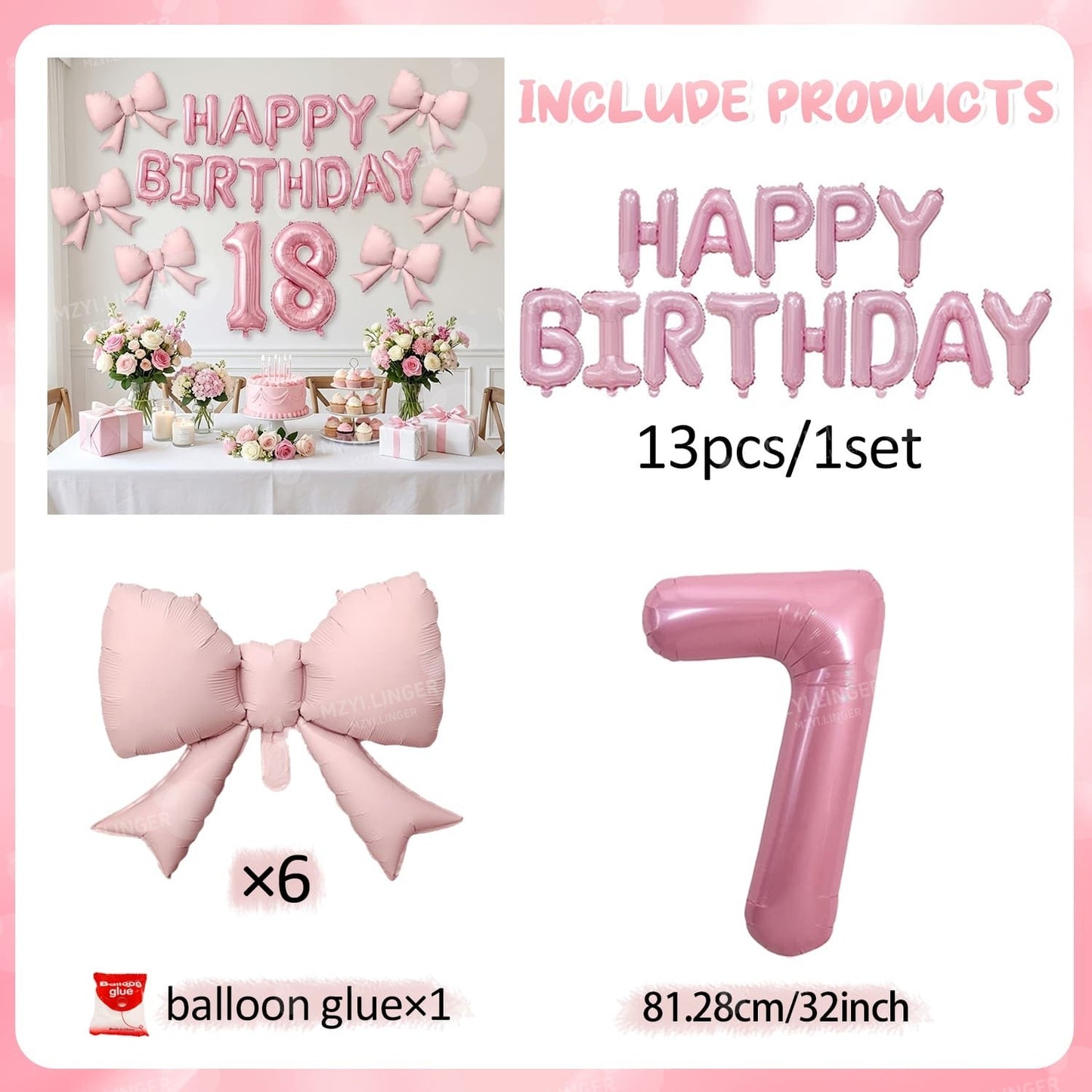 Pink Bow Birthday Balloon Happy Birthday Letter Balloon Used for Wedding, Valentine's Day, Birthday, Proposal Decoration Decor