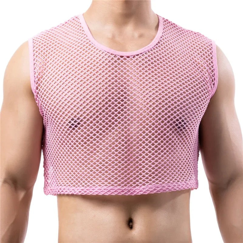 Mens Transparent Fishnet Crop Top Sexy Mesh Hollow Out Tank Tops Gym Fitness Sleeveless Undershirts T-shirts Nightclub Mini Vest