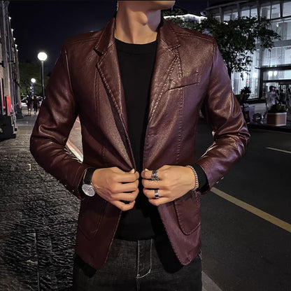 2024 New Men Business Casual Leather Jacket Black / khaki Fashion Male Suit Collar Coats Large Size 5XL Slim Fit Top