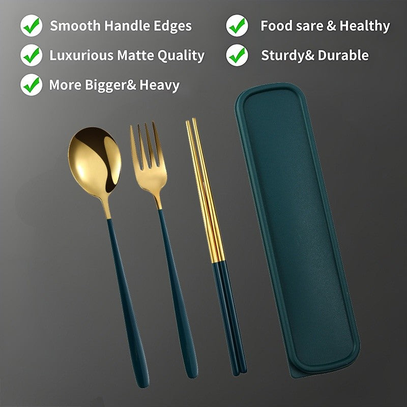 Conjunto Portátil de Utensílios de Aço Inoxidável - Colher, Garfo e Hashis de 3 Peças para Viagem, Acampamento, Almoço Escolar, Kit de Jantar Estilo Coreano