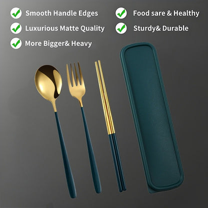 Conjunto Portátil de Utensílios de Aço Inoxidável - Colher, Garfo e Hashis de 3 Peças para Viagem, Acampamento, Almoço Escolar, Kit de Jantar Estilo Coreano