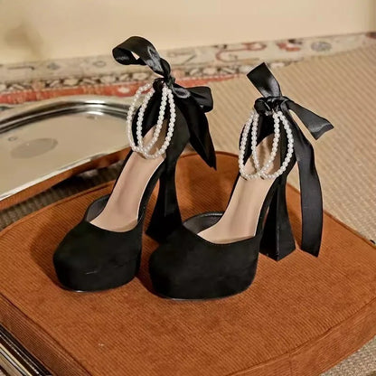 Waterproof Platform Mid Hollow White Wedding Shoes 13cm Party Dress Ladies Pumps Pearl Chain Square Toe Thick Heel High Heels