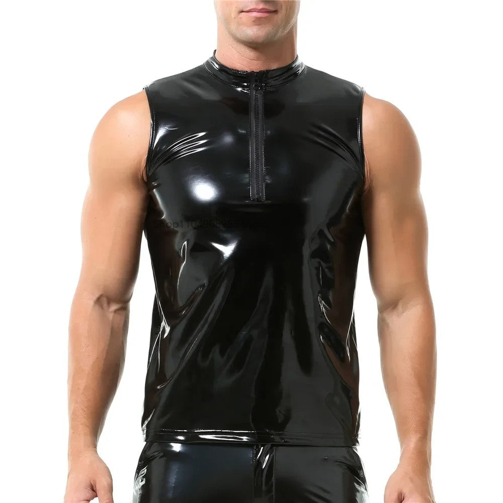 Mens Sexy Shiny PVC Leather Tank Top Vest Erotic Glossy Wet Look Leather T-Shirt Sleeveless Shaping Tank Top Vest Night Clubwear
