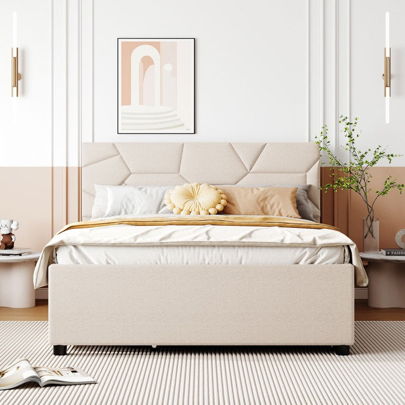 Full Size Upholstered Platform Bed , with Twin Size Trundle and 2 Drawers, Linen Fabric, Beige