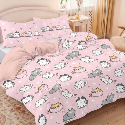 3pcs (1 duvet cover, 2 pillowcases, coreless), pink cute cartoon cat element printed bedding set, soft and comfortable