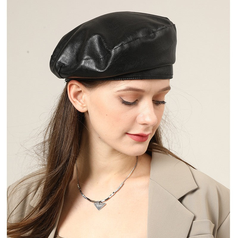 Fashion Girl Leather Beret Beanie Hat Cap Women Plain Beret Hats Solid Color Elegant Lady Artist Caps Belt Beanies