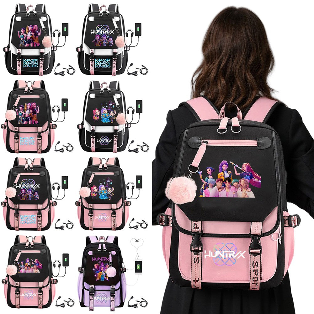 Mochila KPop Anime para Caçadores de Demônios Adolescentes Mochila Escolar Kawaii com Carregamento USB Grande Capacidade Viagem Slayer