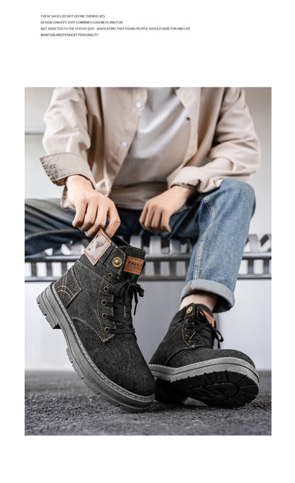 Retro blue men's denim boots, lace-up thick-soled boots, men's ankle boots, casual men's work shoes, Botas Hombre, size 48