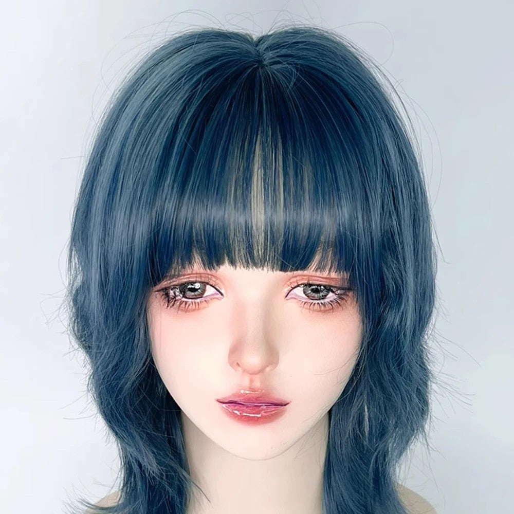 Peruca Curta Sintética Ondulada Azul Mullet Head com Franja, Resistente ao Calor, Fofa, Estilo Lolita, para Cosplay, Festas e Uso Diário