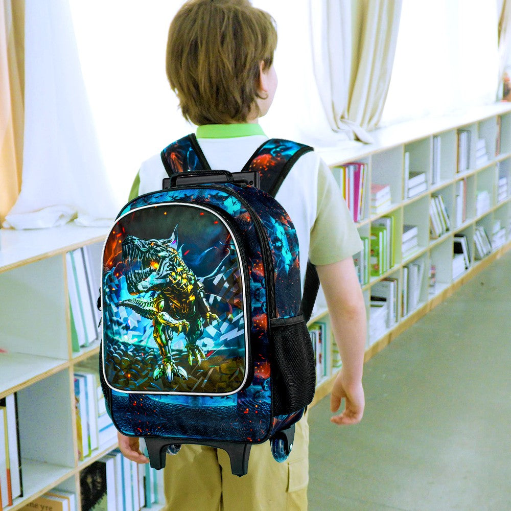 Mochila de rodinha 3 peças para meninos, mochila escolar de dinossauro com rodinhas, conjunto de malas escolares para crianças pequenas