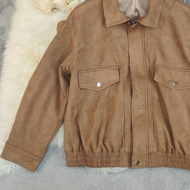 2025 Autumn Fashion Casual Solid Suede Jackets Women Street Stand Collar Full Sleeve Zippers Loose Coats Female  Jacke