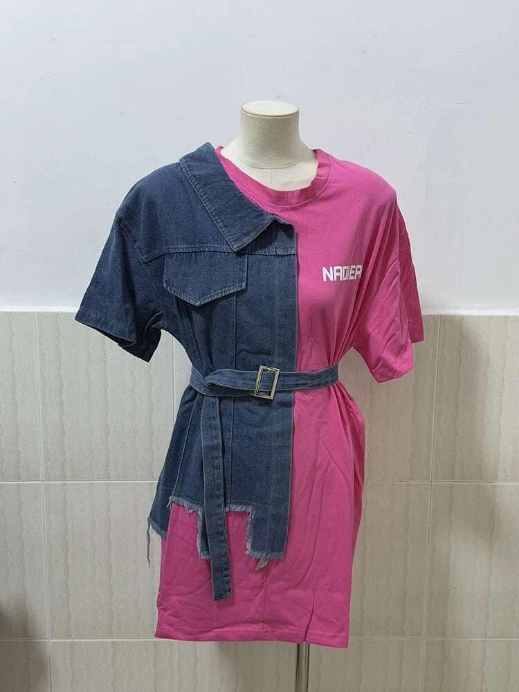 XFPV Women's Sweet high Waist Wrap Belt Round Neck patchwork Denim Shirt  Chic Top Y2k Korean Fashion Spring Summer 2025 SM11327