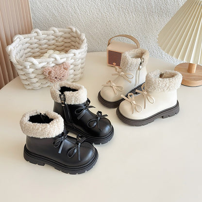 Girls Padded Fashion Leather Boots 2-18 Years Old Thickened Bow Hairy Girls Cotton Shoes Winter Beige Soft Non-slip Kids Boots