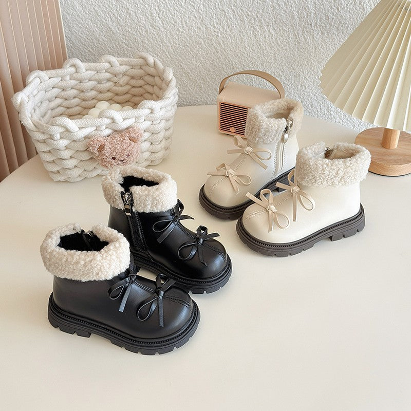 Girls Padded Fashion Leather Boots 2-18 Years Old Thickened Bow Hairy Girls Cotton Shoes Winter Beige Soft Non-slip Kids Boots