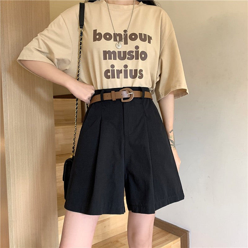 Workwear Shorts for Women High Waist Summer Wide-leg Shorts Belt Khaki Casual Cotton Korean Fashion Solid Pocket Womens Shorts