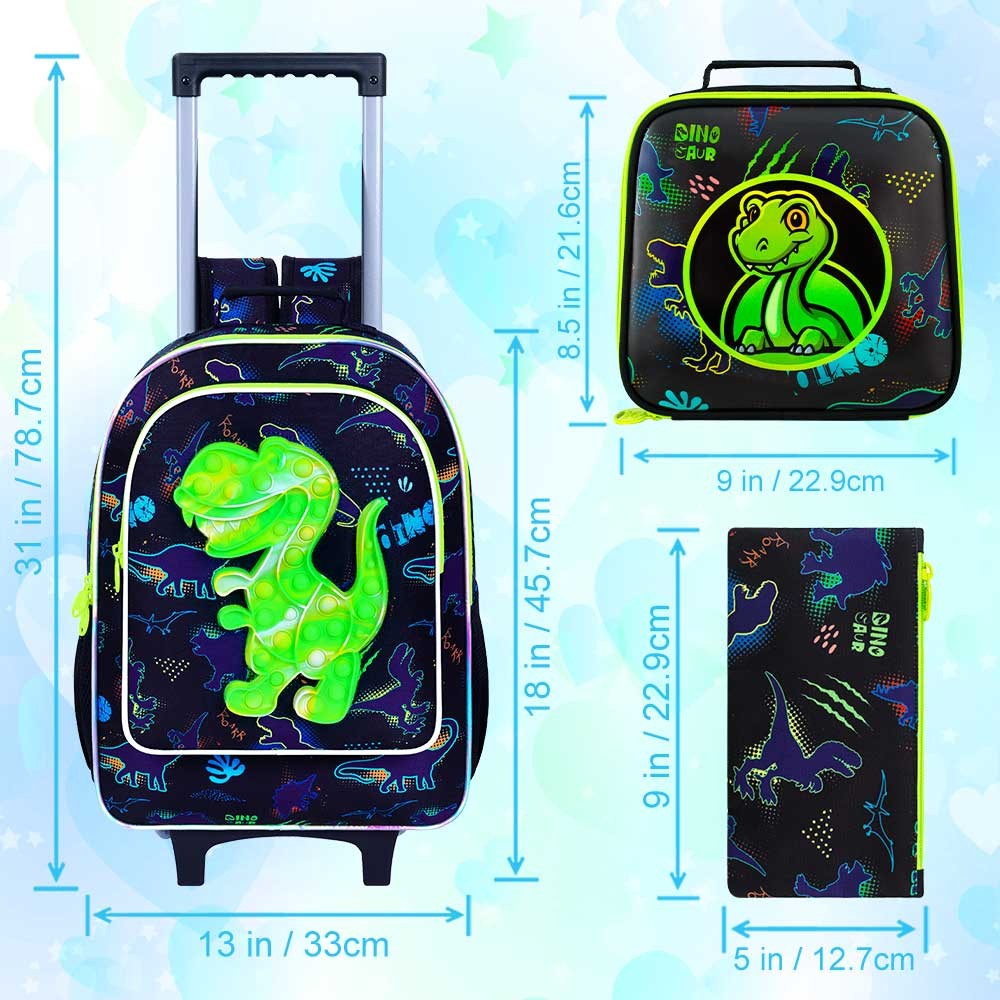 Mochila de Rodinhas 3 Peças para Meninos, Mochila Escolar com Rodas para Crianças, Mochila com Rodas e Lancheira