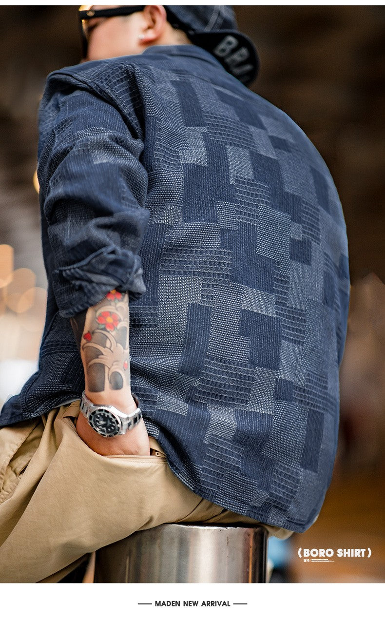 Maden Japanese Retro Boro Denim Shirts for Men Jacquard Patchwork Long-Sleeve Button Down Shirt Jacket Oversize Spring Outerwear