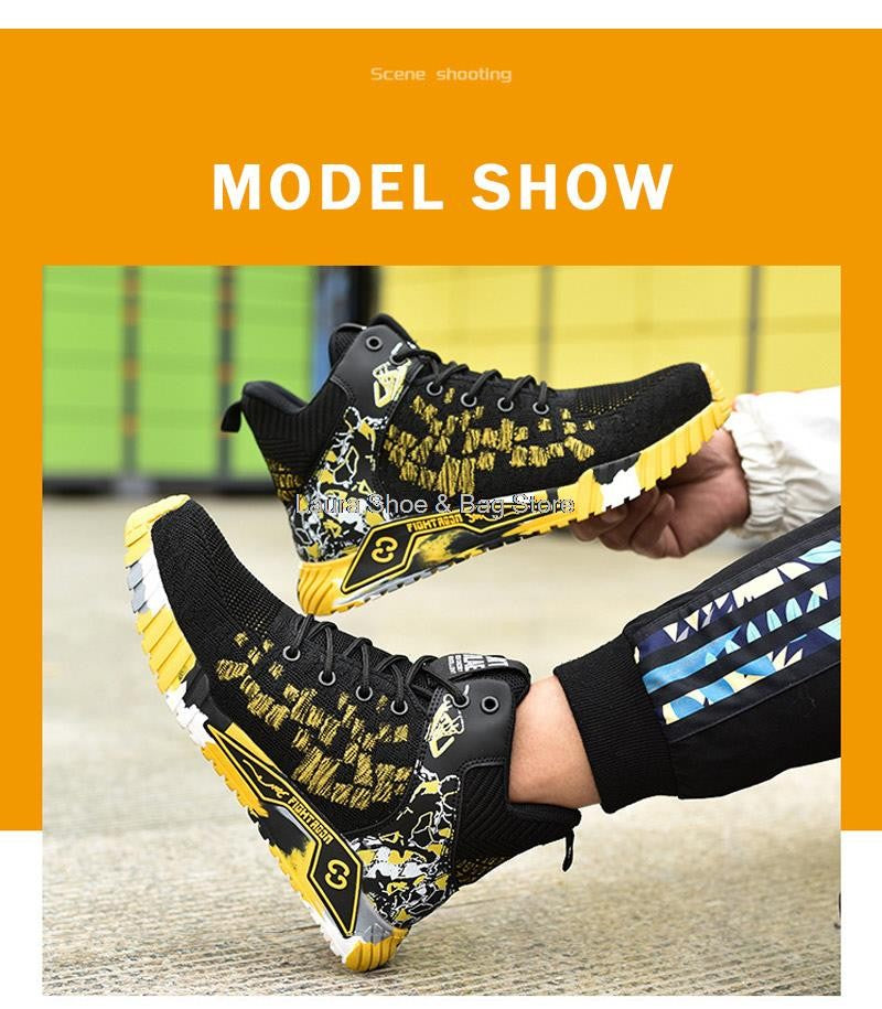 Botas de segurança de cano alto masculinas, bico de aço, sapatos de trabalho masculinos e femininos, botas de segurança anti-impacto, indestrutíveis, respiráveis