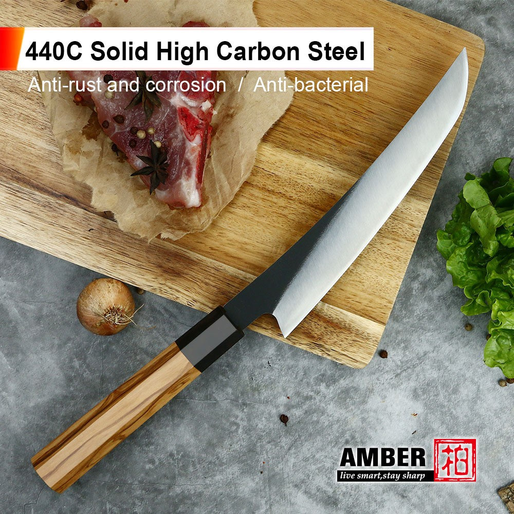 Conjunto de Facas de Cozinha AMBER 440C Aço Alto Carbono Faca de Açougueiro Cabo de Madeira de Oliveira Faca Japonesa Profissionalmente Afiada
