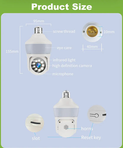 Tuya E27 Light Bulb Dual Screen WiFi Camera 5MP Indoor 5x Zoom PTZ Security Camera IR Color Night Vision Wireless Surveillance