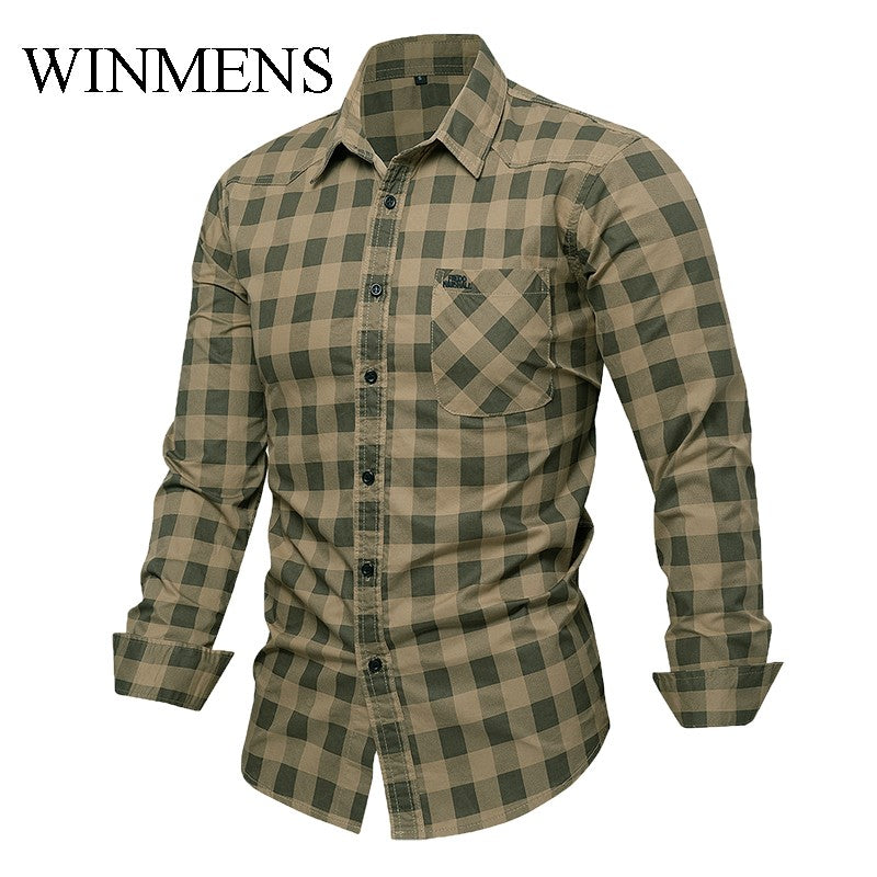 Men's Checked Shirt 2025 Autumn Winter Long Sleeve Quality Cotton Casual Basic Tops Turn-down Collar Relaxed Cargo Shirts