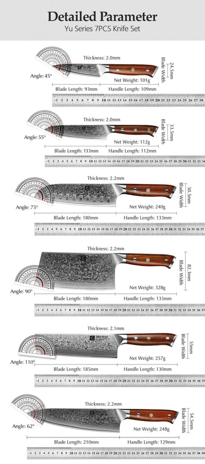 XINZUO 7PCS VG10 Damascus Steel Knife Set 67 Layers Rosewood Handle 60HRC Sharpness International Standard Gift Box Kitchen Tool