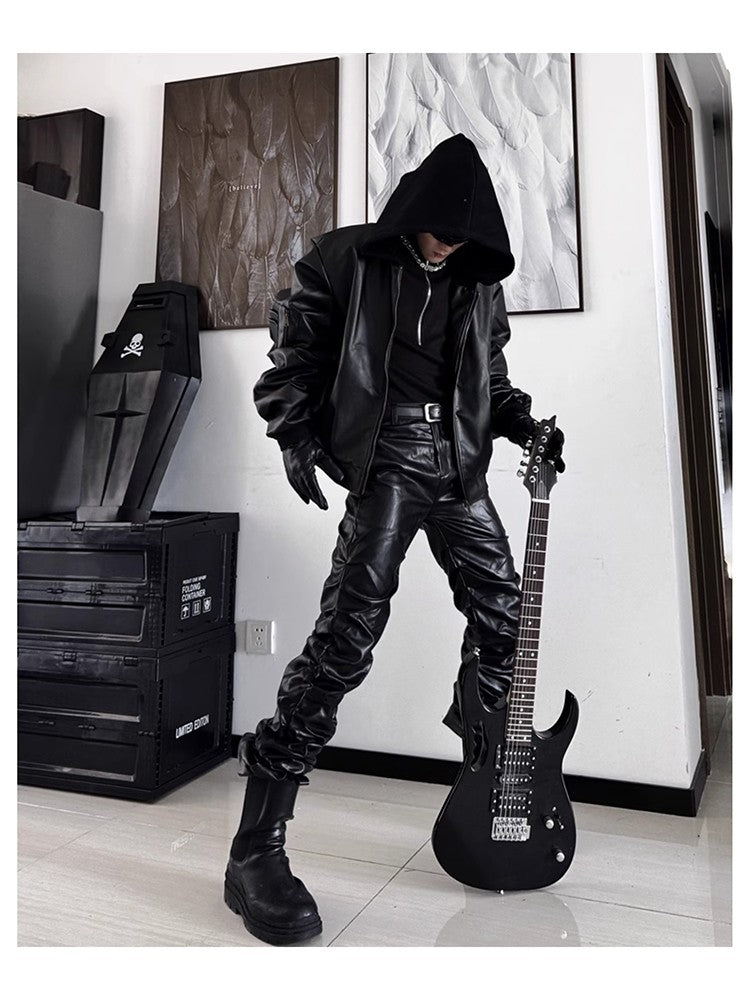 Mauroicardi Spring Autumn Cool Long Ruched Soft Black Pu Leather Stacked Pants for Men Luxury Designer Cyberpunk Rock Clothes