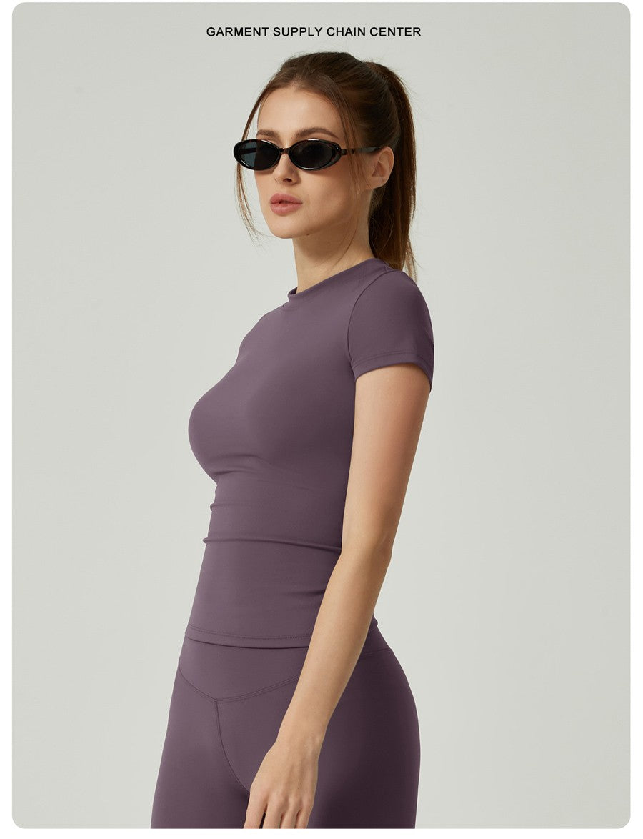 New Women Running Sports T Shirt Summer Short Sleeve Round Neck Breathable Stretchy GYM Yoga Slim Fitness Active Top Tee