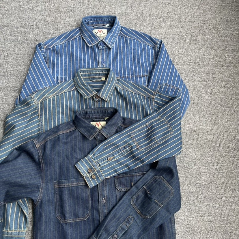 Spring New American Retro Heavyweight Denim Cargo Striped Shirt Men's Simple 100% Cotton Washed Old Casual Blouses Thin Jacket