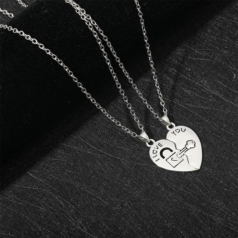 2 peças Fechadura de Casal Chave Coração Quebra-Cabeça Eu Te Amo Pingente Colar para Casal Colares com Pingentes para Namorados Joias de Presente para o Dia dos Namorados