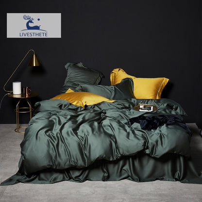 Liv-Esthete Conjunto de Cama Verde Escuro 100% Seda Saudável Pura Seda Luxo Queen King Capa de Edredom Lençol de Elástico Fronha Conjunto de Roupa de Cama