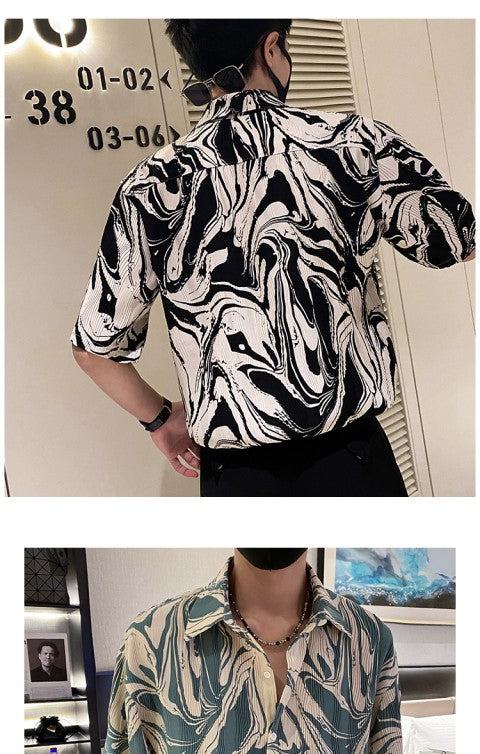 Japanese Summer Ice Silk Flower Shirt for Men Short Sleeve Loose Casual Harajuku Oversized 2023 New Thin Hawaiian Shirt Men