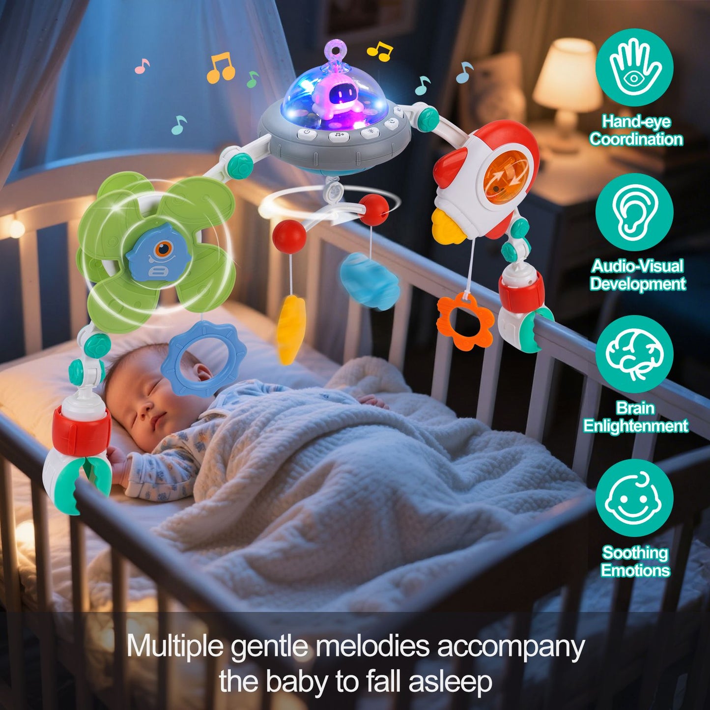 Baby Stroller Arch Toys Crib Music Rotating Bouncers Toys Fine Motor Skills Sensory Development Arch Car Seat Toys for New Born