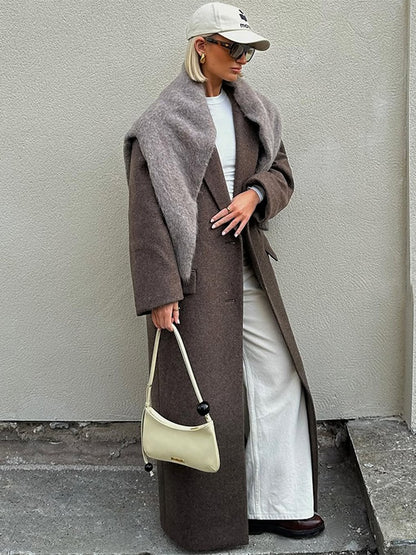 Women Elegant Shoulder Pad Wool Blend Overcoat Brown Lapel Single-breasted Long Sleeve Coat 2025 Autumn Lady Commuter Outerwear
