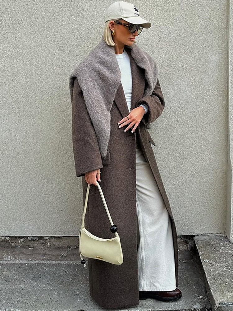 Women Elegant Shoulder Pad Wool Blend Overcoat Brown Lapel Single-breasted Long Sleeve Coat 2025 Autumn Lady Commuter Outerwear