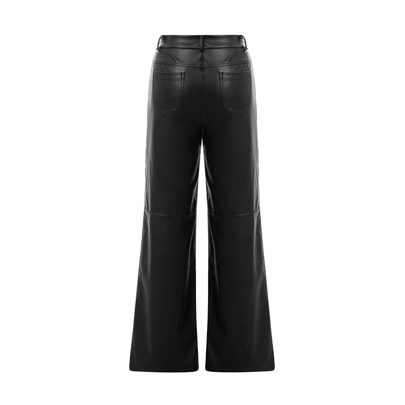 Leather Pants For Women High Waist Straight Slimming Side Pockets Solid Color Casual Party Spring Fall Trousers