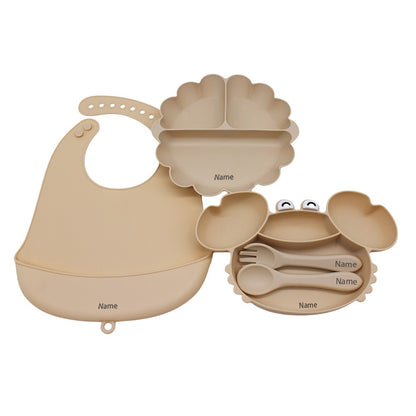 Free Name Printing Children's Tableware Set: Bib, Plate, Fork, Spoon - Silicone Material Personalized Gift