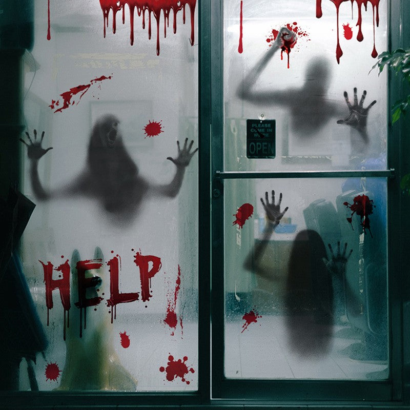 ?G?Halloween Stickers Horror Blood Hand Print Door Stickers Window Bathroom Shadow Glass Female Ghost Wall Decal Halloween Decor