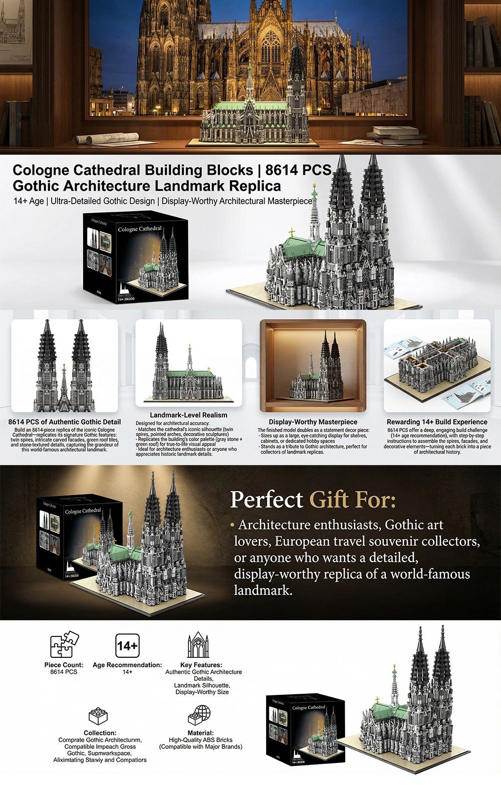 Barweer 8614PCS Cologne Cathedral Building Blocks Set Gothic Church Architecture Modular Construction Model Bricks Assembly Toys for Adults Christmas Gift Home Decoration