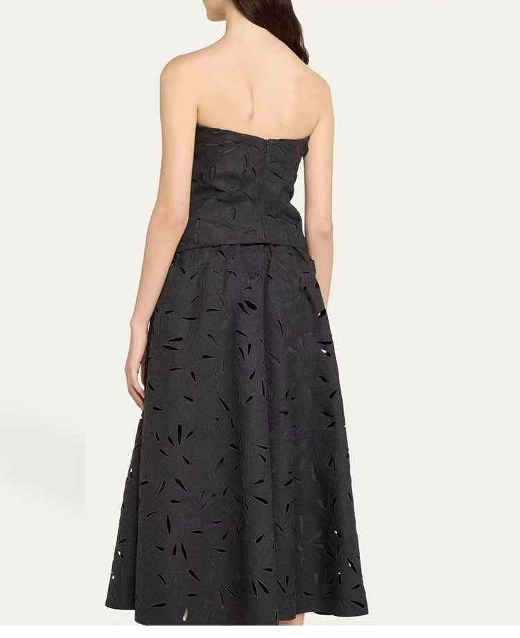 Dark Grey Wool Skirts for women 2024 Autumn Winter Big Swing A-Line Long Skirt Elegant Elastic waist Zipper Hollow Out Skirt