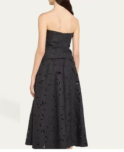 Dark Grey Wool Skirts for women 2024 Autumn Winter Big Swing A-Line Long Skirt Elegant Elastic waist Zipper Hollow Out Skirt