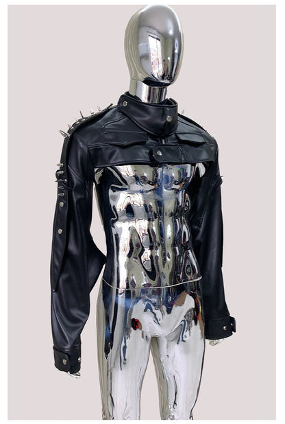 Mauroicardi Cool Black Cropped Pu Leather Jacket Men Rivet Shoulder Pads Zip Up Short Luxury Punk Style Clothes European Fashion