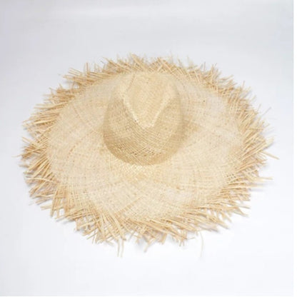 WZCX Feito à Mão Borla Feminina Chapéus de Sol de Palha Aba Larga Grande Chapéu de Palha Natural de Ráfia Panamá Praia Chapéus de Sol Para Feriado