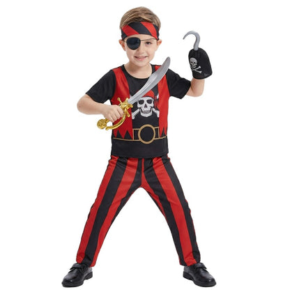 10PC Boys Pirate Costume Set with Skull Print Striped Shirt Pants Halloween Cosplay Outfit and Toy Gift Accessories