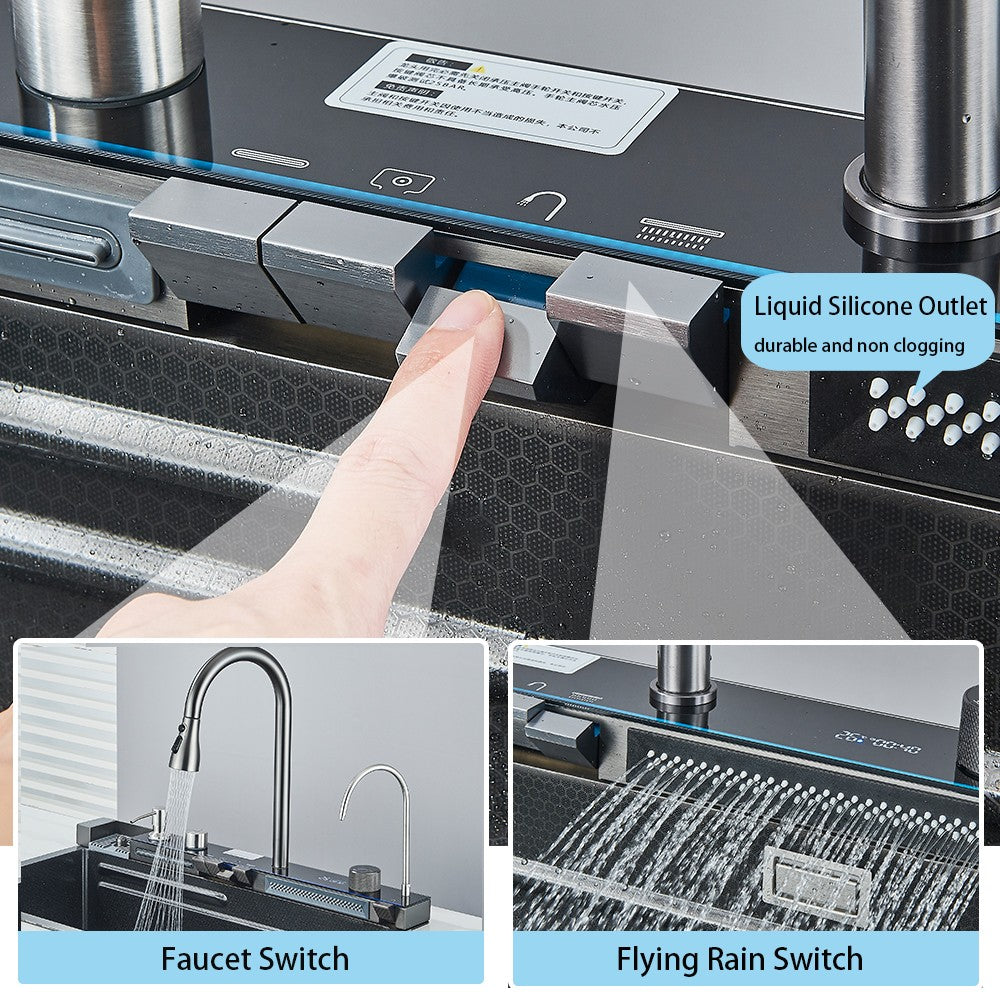 Multifunctional Kitchen Waterfall Sink Digital Display Large Single Gray Sink Dish Basin Sink 304 Stainless Steel